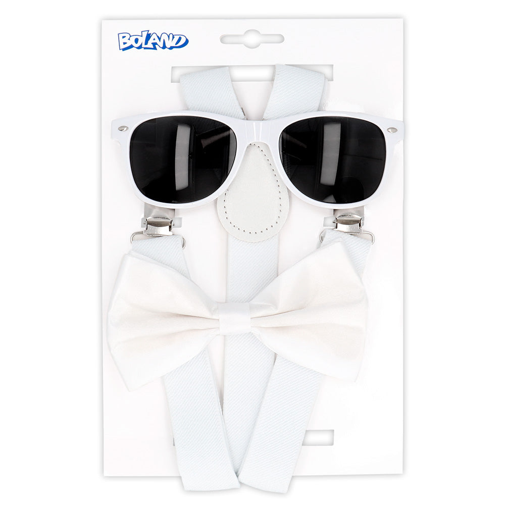 Partyset Hosenträger, Brille und Fliege | Weiß