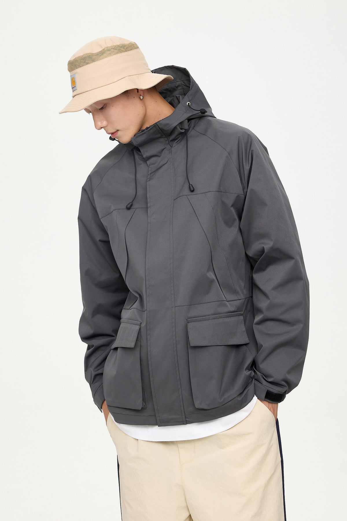 Patched Pockets Waterproof Jacket in Grey