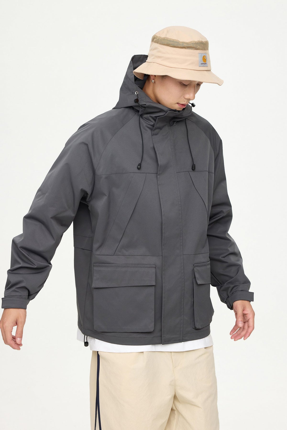 Patched Pockets Waterproof Jacket in Grey