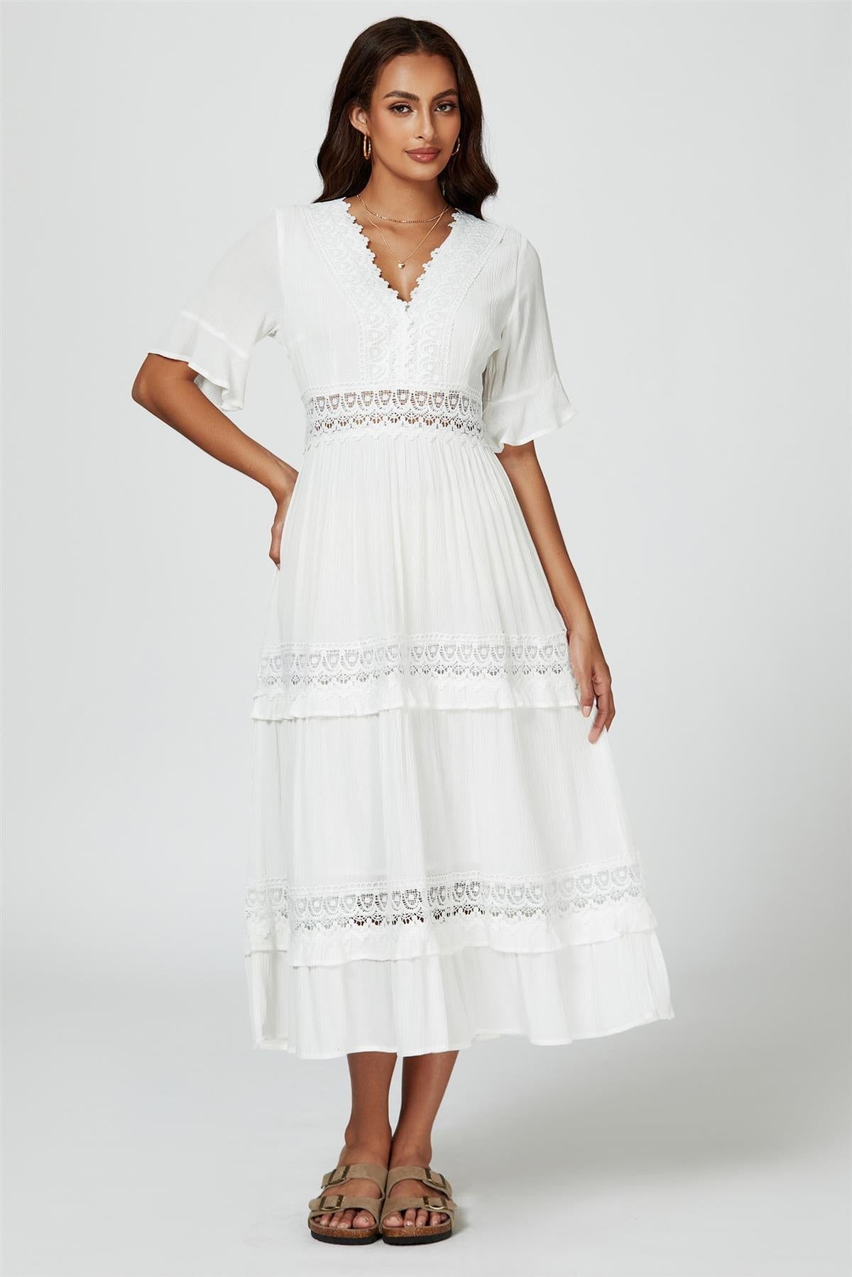 V Neck Lace Detail Midi Dress In White