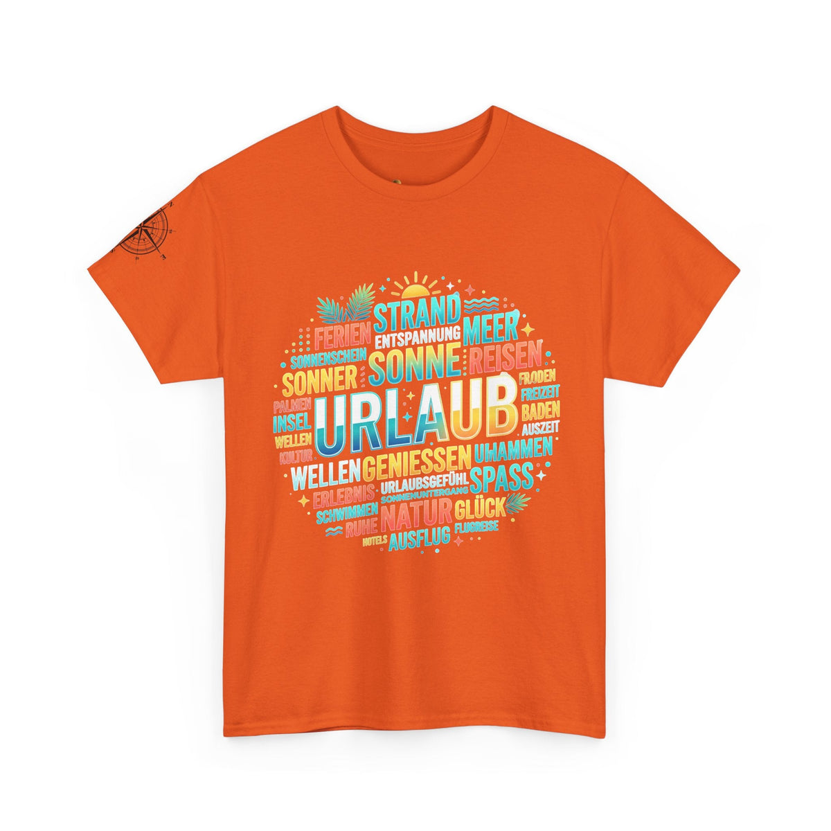 Strandurlaub T-Shirt – Retro Sonnenuntergang mit Palmen & ‚Urlaub‘ Wortwolke