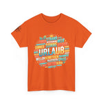 Strandurlaub T-Shirt – Retro Sonnenuntergang mit Palmen & ‚Urlaub‘ Wortwolke