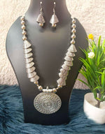 Silver-Plated Stone-Beaded Oxidized Necklace & Earrings Set