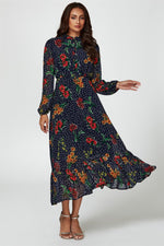 Floral Dot Print Maxi Dress In Navy
