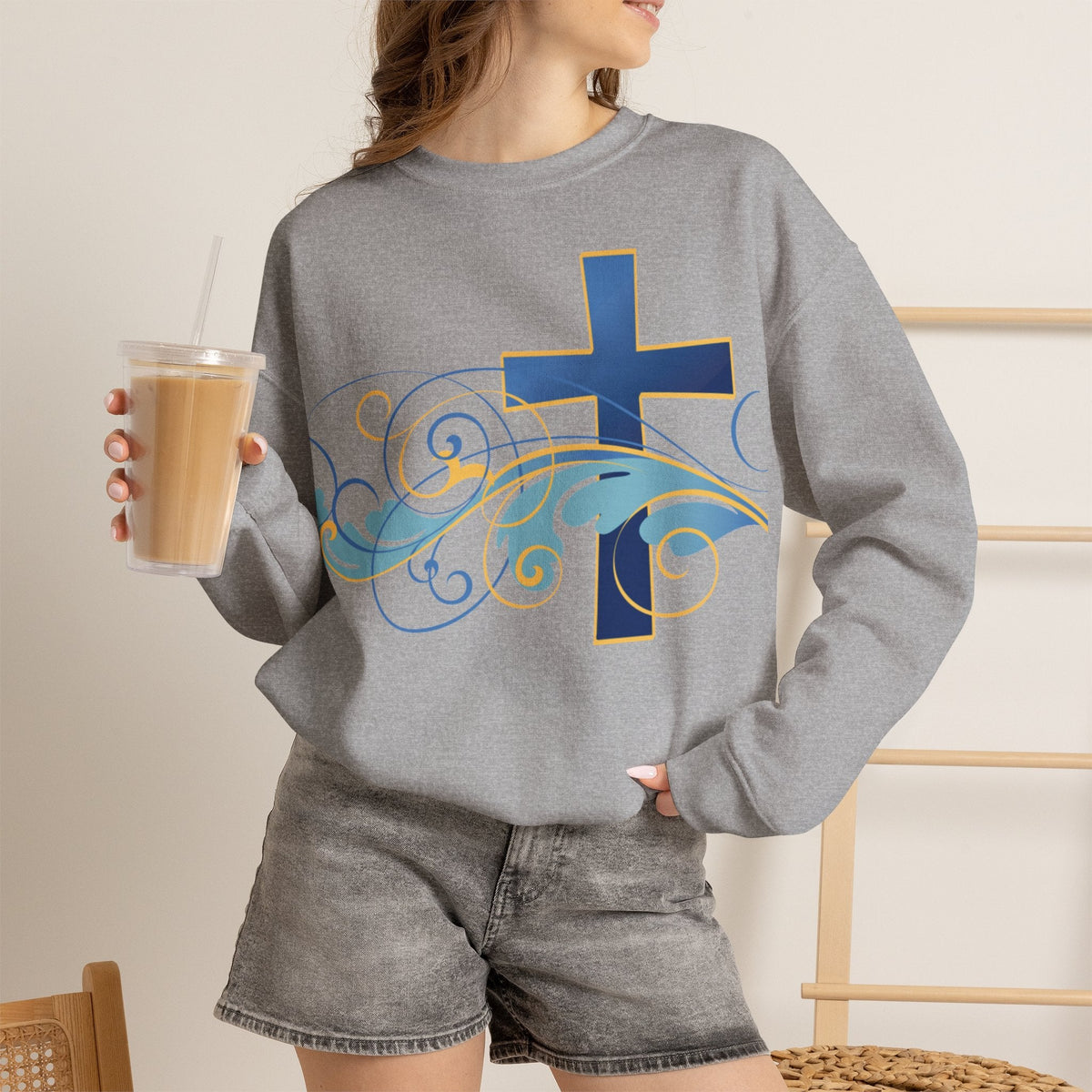 ESTID Unisex Crewneck Pullover | Blaues Kreuz & Wellen-Ornament