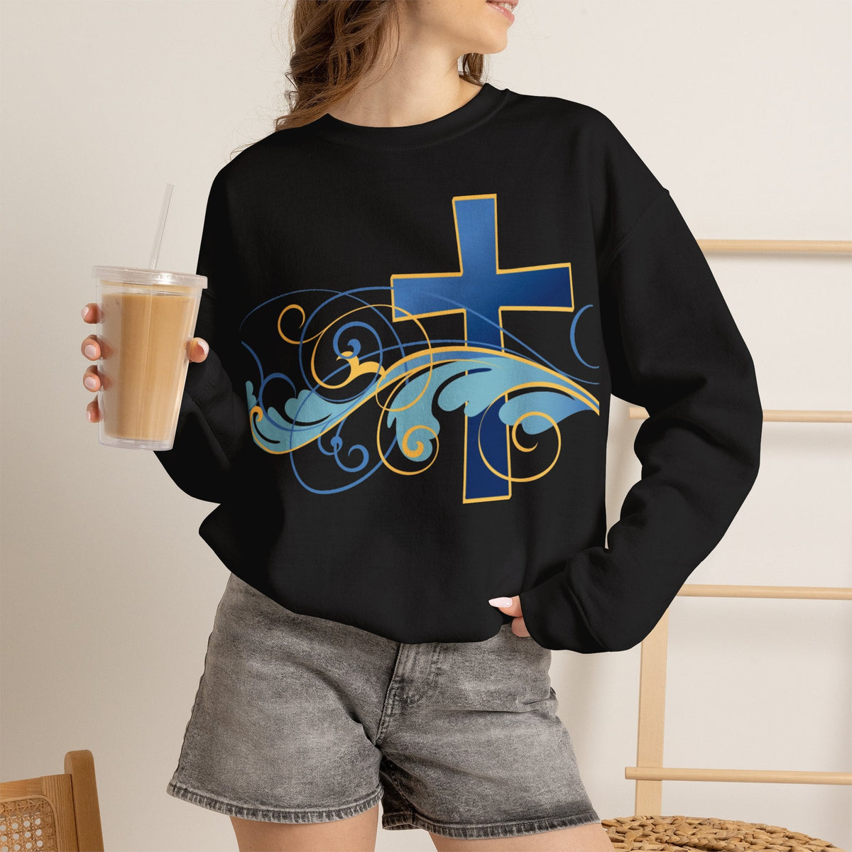 ESTID Unisex Crewneck Pullover | Blaues Kreuz & Wellen-Ornament