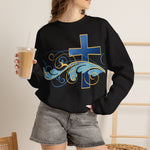 ESTID Unisex Crewneck Pullover | Blaues Kreuz & Wellen-Ornament