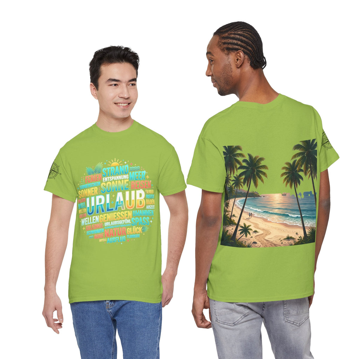 Strandurlaub T-Shirt – Retro Sonnenuntergang mit Palmen & ‚Urlaub‘ Wortwolke