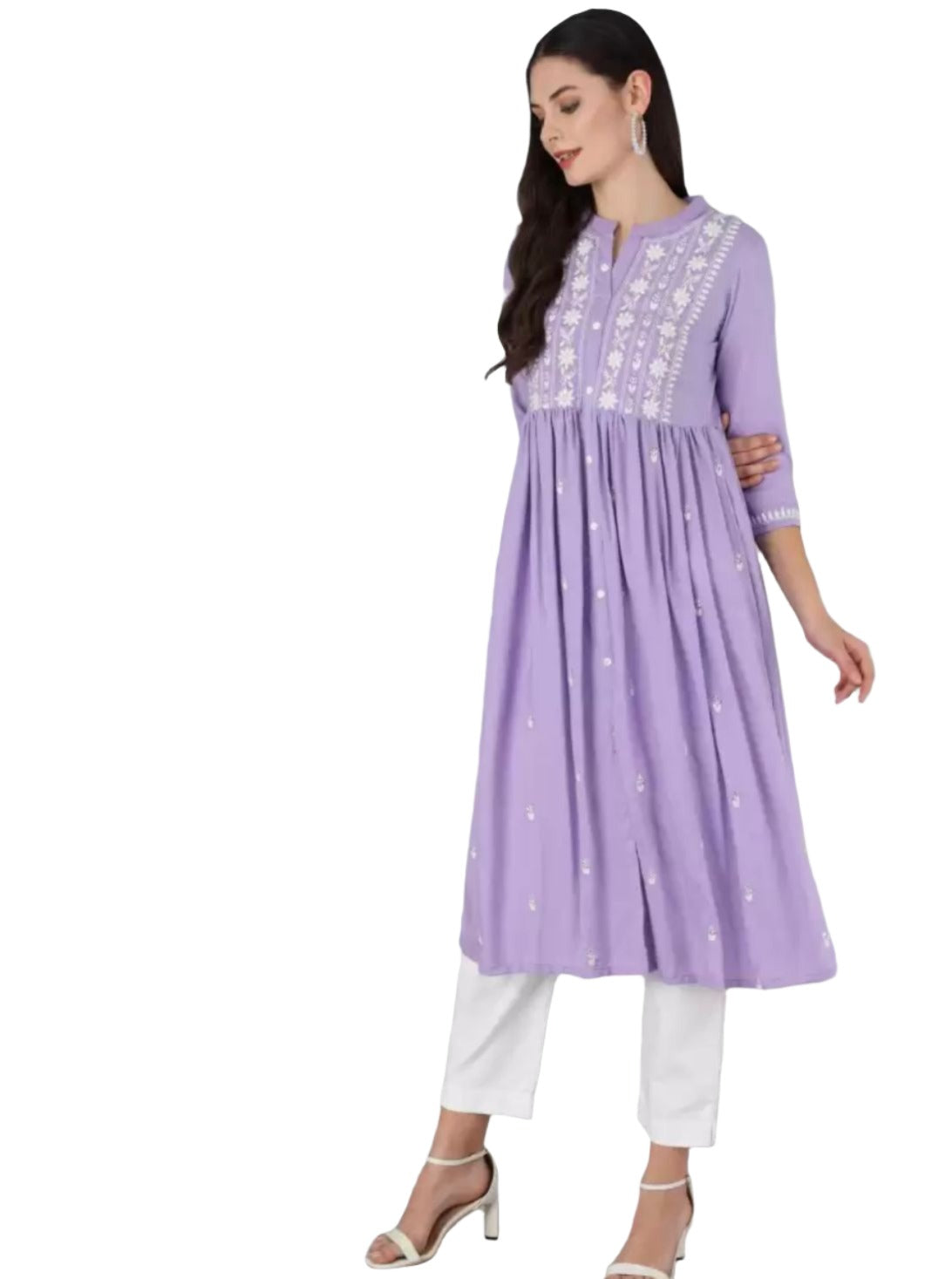 Chikan Embroidery Cotton Rayon A-line Kurta  (Purple)