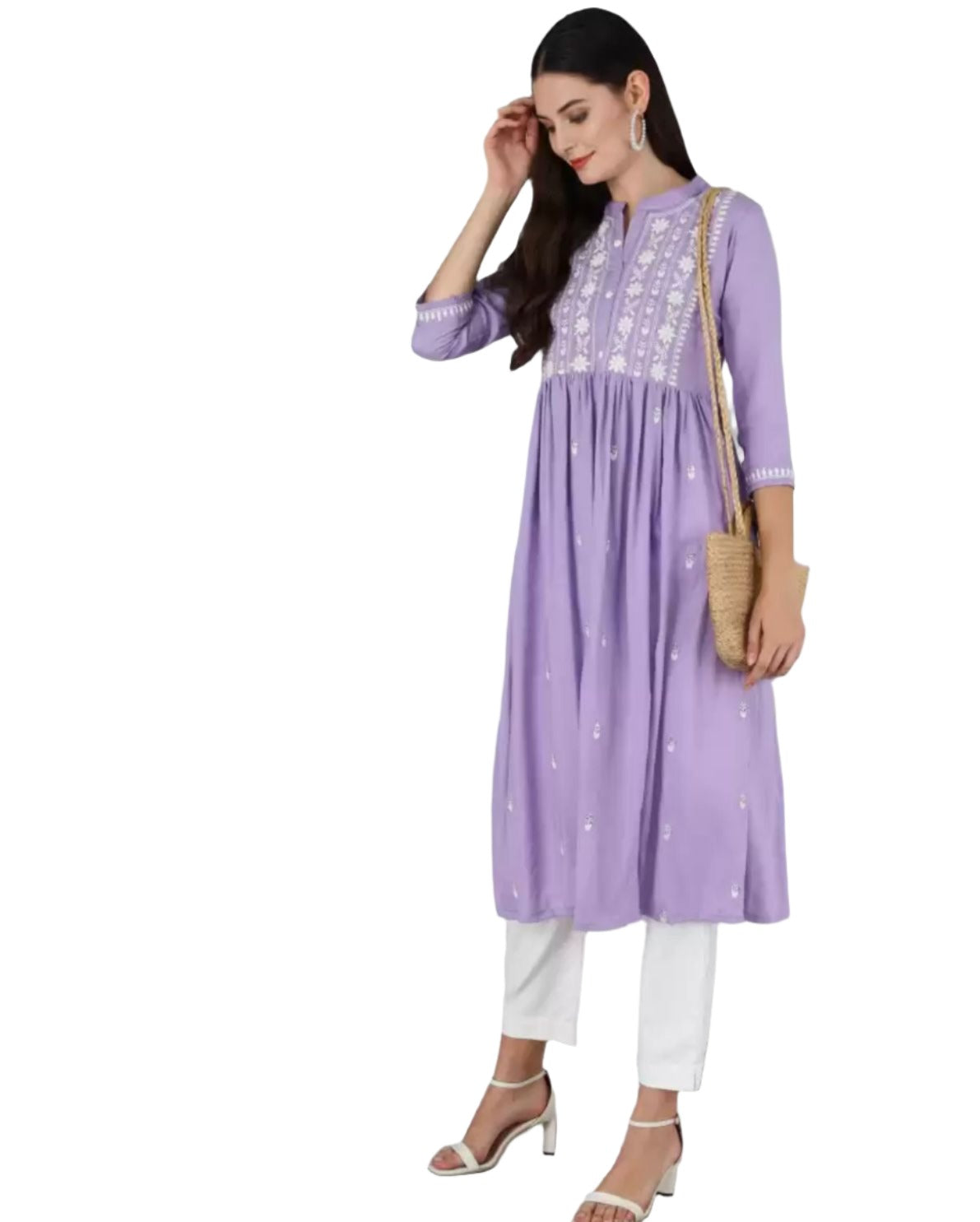 Chikan Embroidery Cotton Rayon A-line Kurta  (Purple)