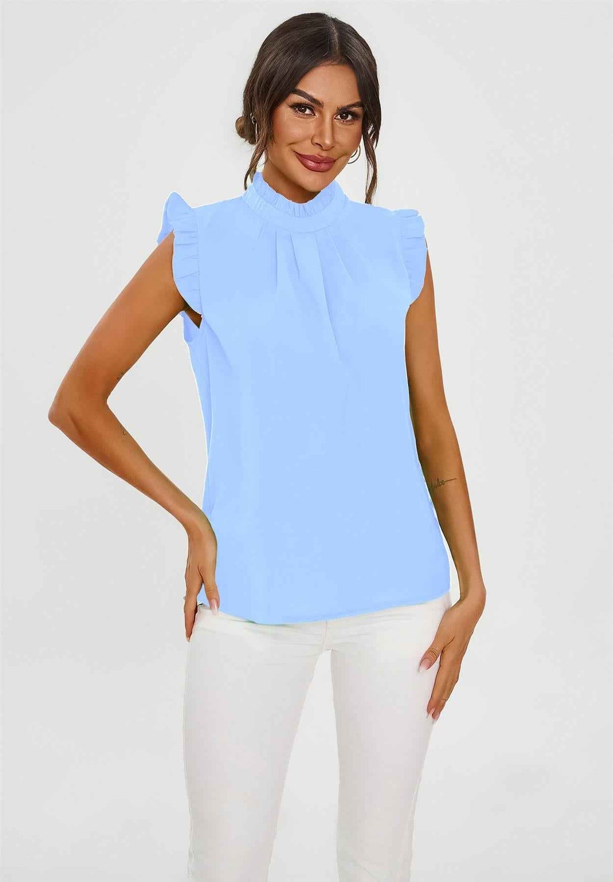 Frill Trim Sleeve High Neck Blouse Top In Light Blue