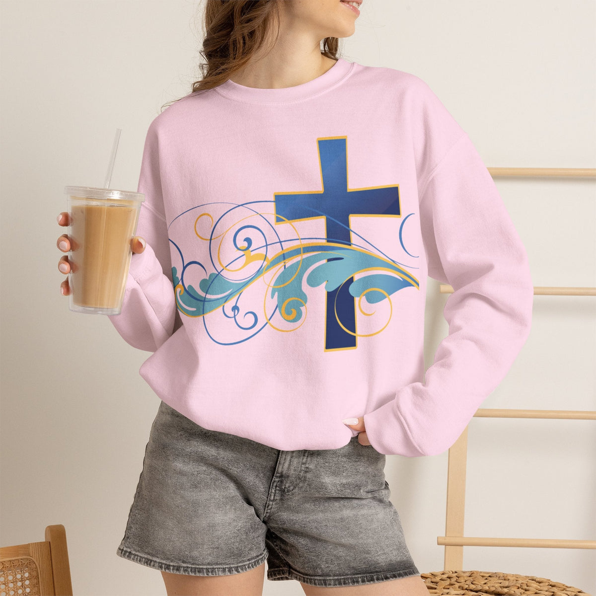 ESTID Unisex Crewneck Pullover | Blaues Kreuz & Wellen-Ornament