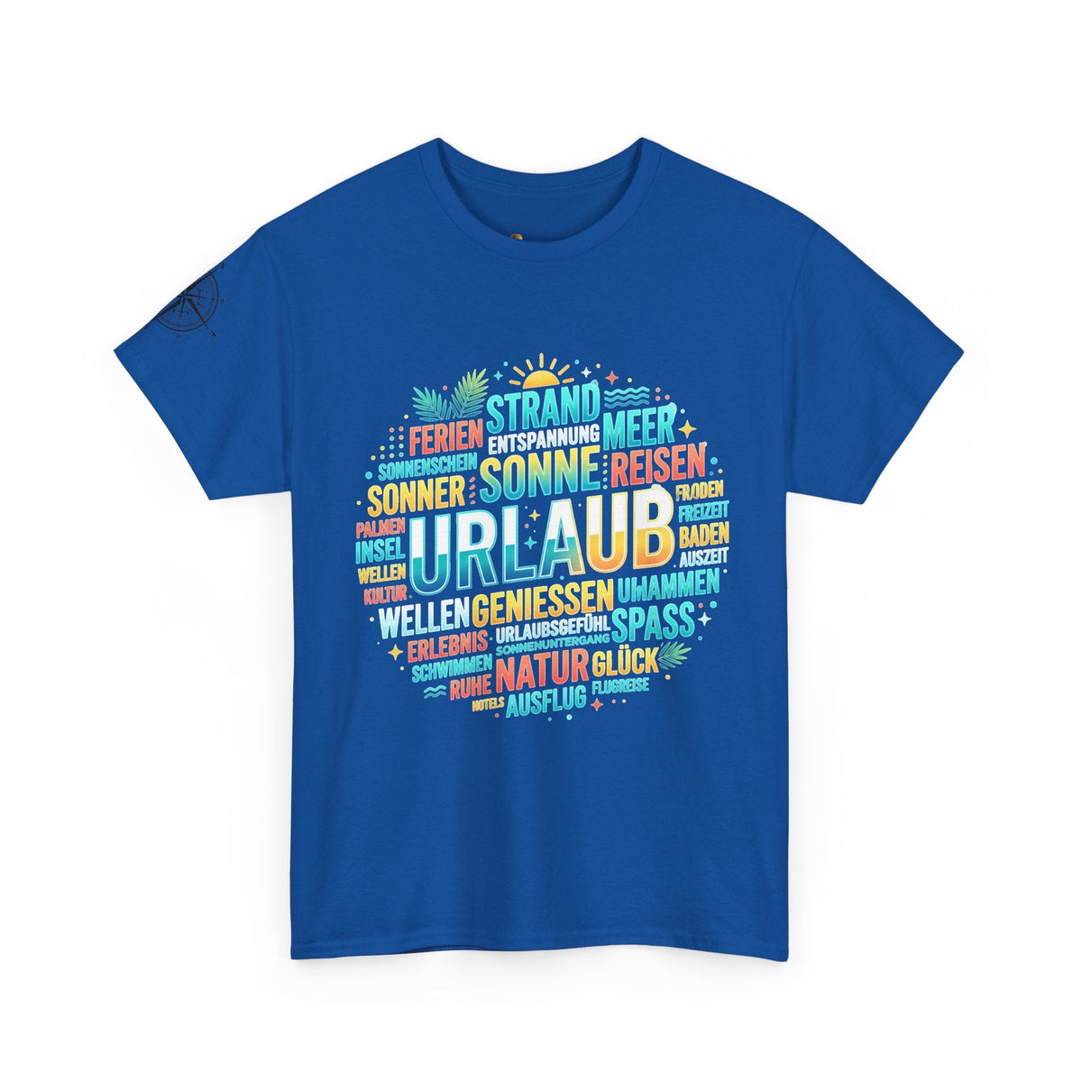 Strandurlaub T-Shirt – Retro Sonnenuntergang mit Palmen & ‚Urlaub‘ Wortwolke