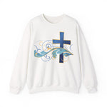 ESTID Unisex Crewneck Pullover | Blaues Kreuz & Wellen-Ornament