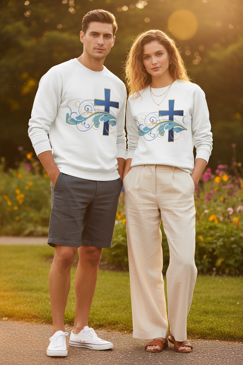 ESTID Unisex Crewneck Pullover | Blaues Kreuz & Wellen-Ornament