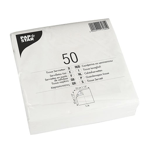 PAPSTAR Servietten 1/4-Falz, 33x33 cm, weiß, 2-lagig | Folie (50 Stück)