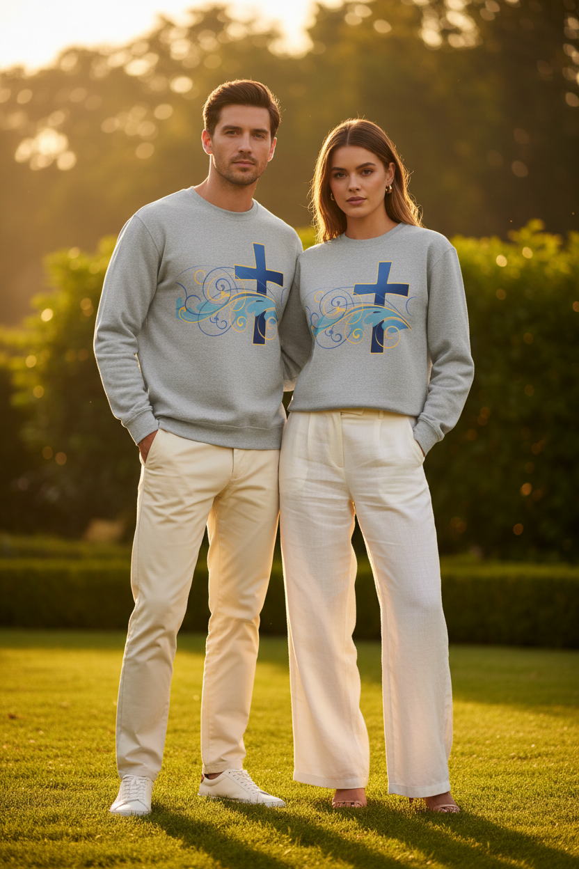 ESTID Unisex Crewneck Pullover | Blaues Kreuz & Wellen-Ornament