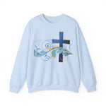 ESTID Unisex Crewneck Pullover | Blaues Kreuz & Wellen-Ornament