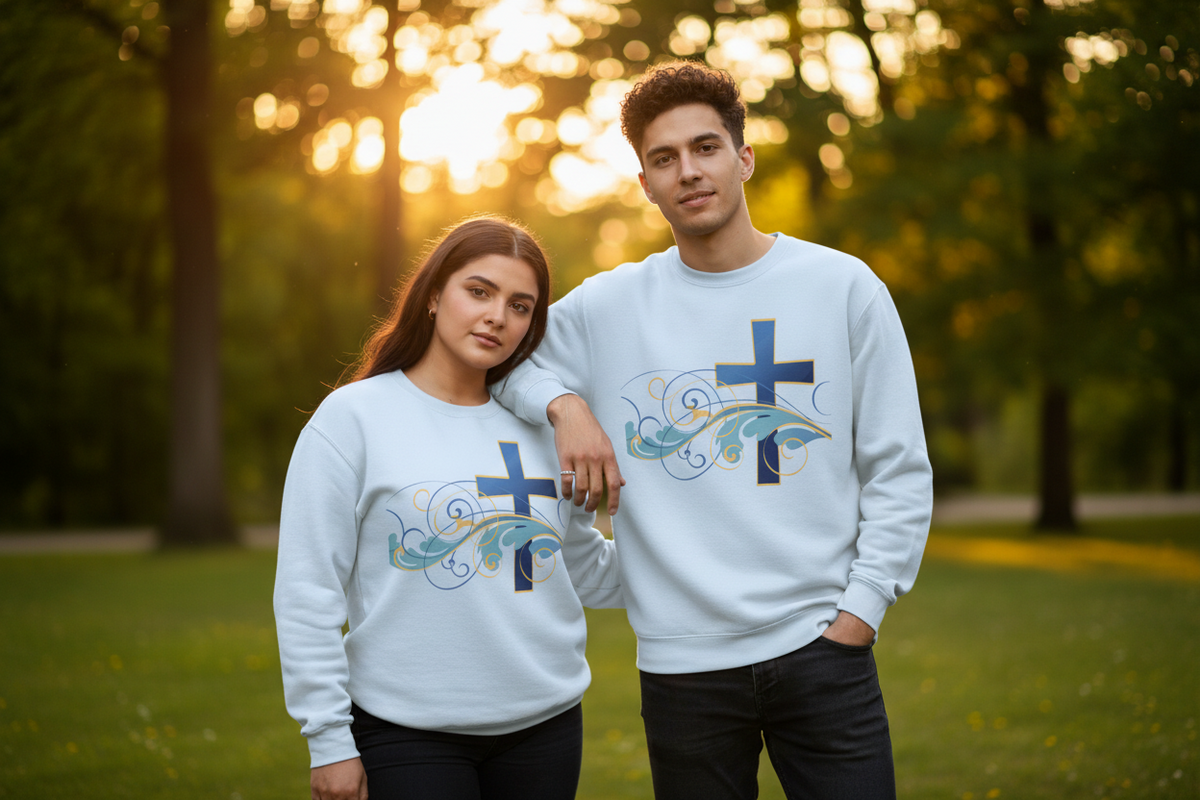 ESTID Unisex Crewneck Pullover | Blaues Kreuz & Wellen-Ornament