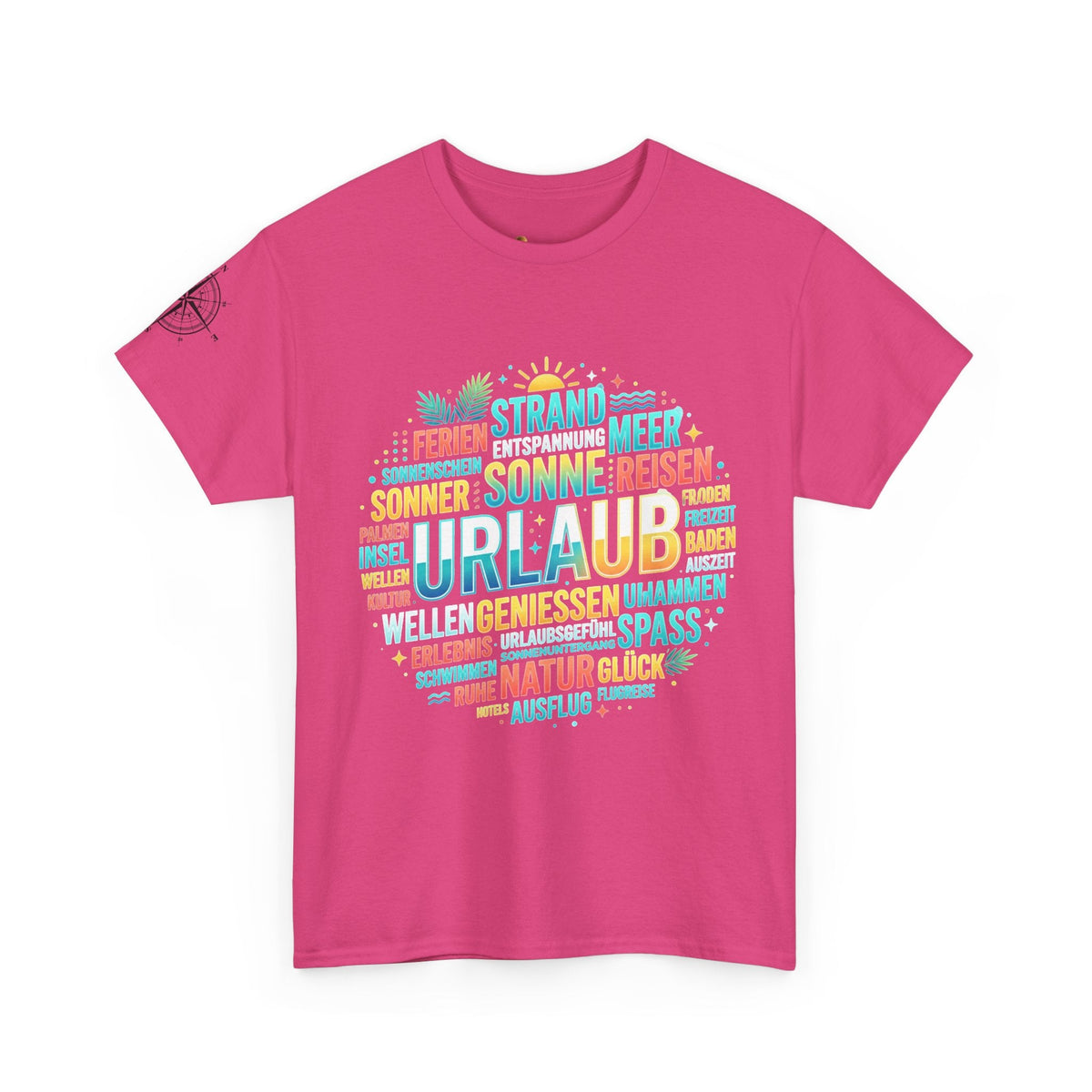 Strandurlaub T-Shirt – Retro Sonnenuntergang mit Palmen & ‚Urlaub‘ Wortwolke