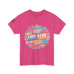 Strandurlaub T-Shirt – Retro Sonnenuntergang mit Palmen & ‚Urlaub‘ Wortwolke