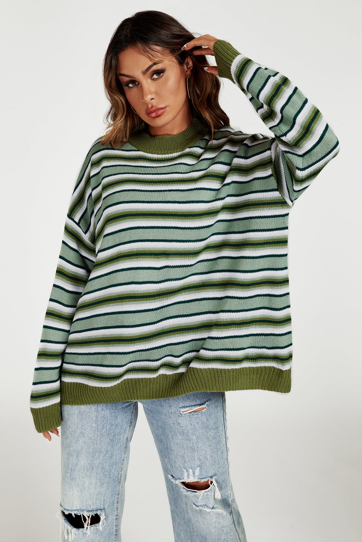 Stripe Block Relaxed Knit Jumper Top in Green