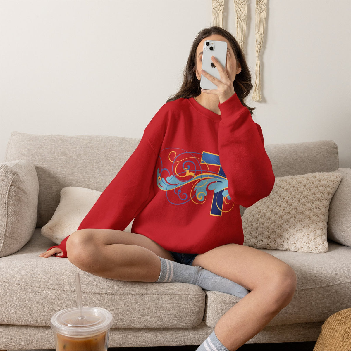 ESTID Unisex Crewneck Pullover | Blaues Kreuz & Wellen-Ornament