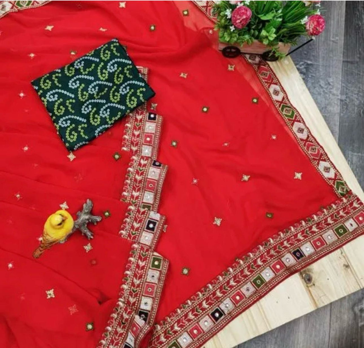 Georgette Saree Red Designer Fox With Mirror Work