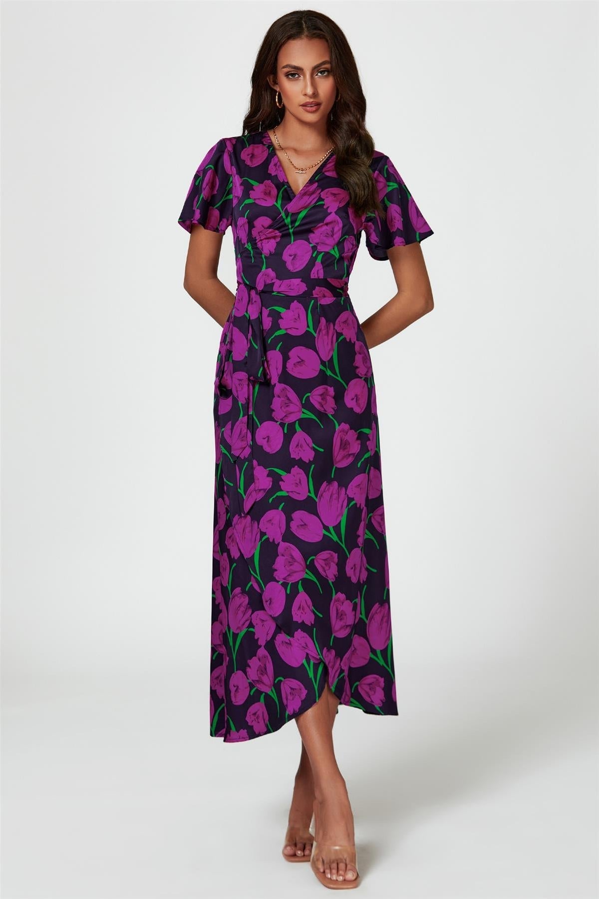 Floral Print Satin Wrap Maxi Dress In Magenta