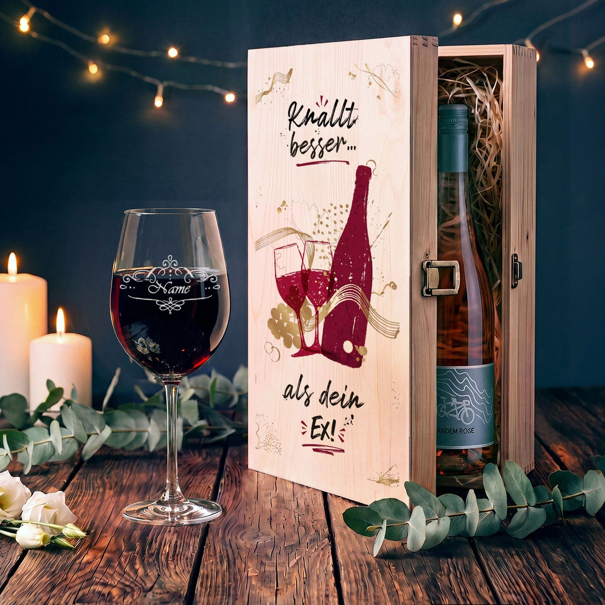 Stölzle Lausitz Weinglas "Knallt besser als Dein Ex" inkl. bedruckter Holzkiste + Riesling Tandem