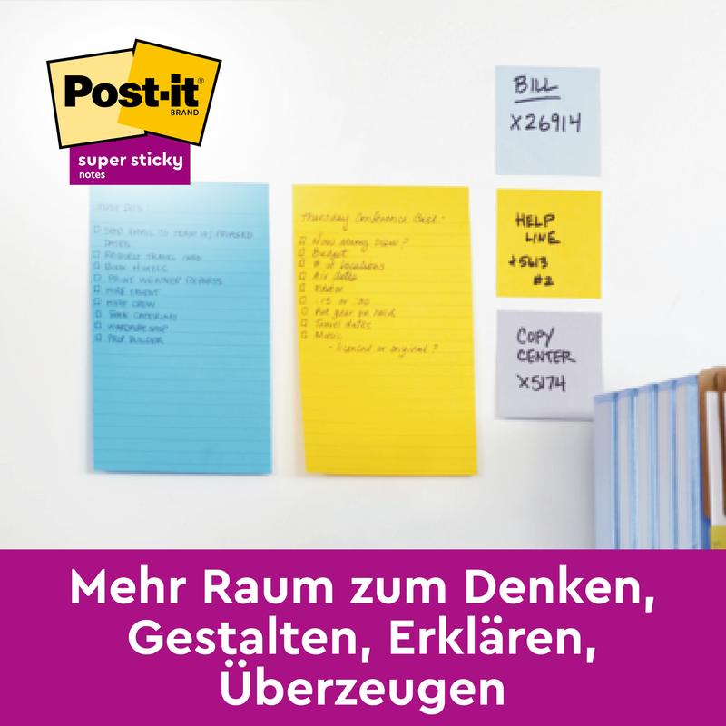 Post-it® Super Sticky Notes im Großformat, Verschiedene Farben, Liniert, 101 mm x 152 mm, Promotion, 90 Blatt/Block, 4 Blöcke + 2 Gratis/Packung, 100% PEFC, SGSCH-PEFC-COC-110078 | Packung (1 Stück)