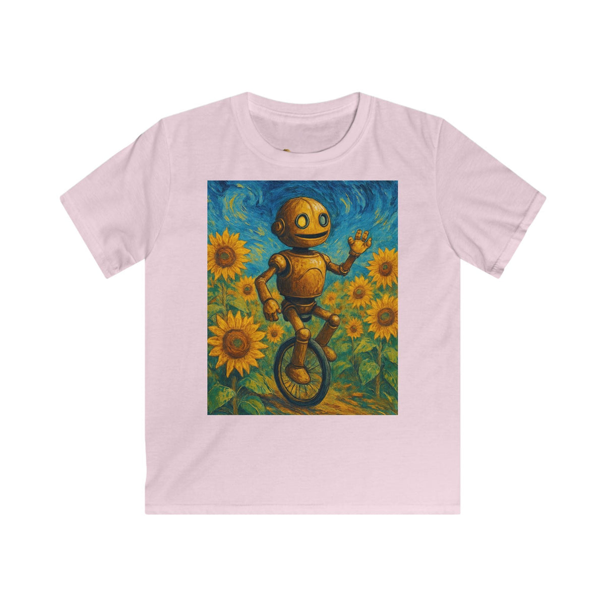 Kinder-T-Shirt – Sonnige Sonnenblumen-Roboter auf Einrad