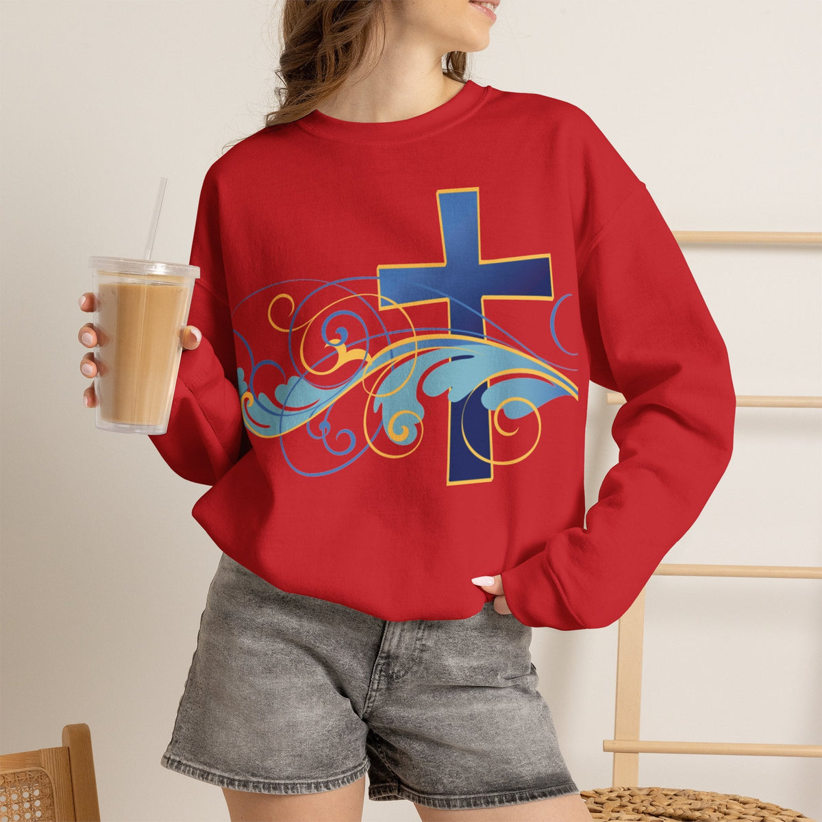 ESTID Unisex Crewneck Pullover | Blaues Kreuz & Wellen-Ornament