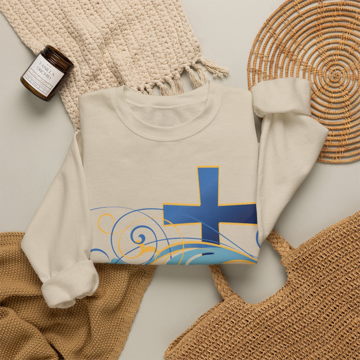 ESTID Unisex Crewneck Pullover | Blaues Kreuz & Wellen-Ornament