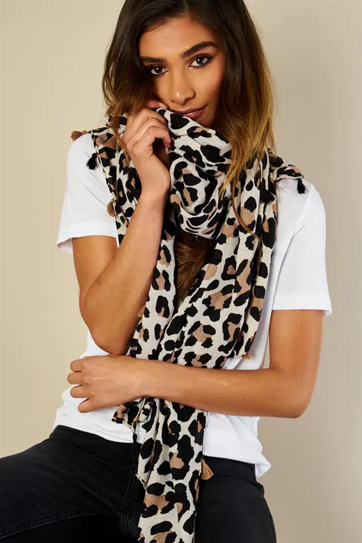 Leopard Print Tassel Scarf In Beige