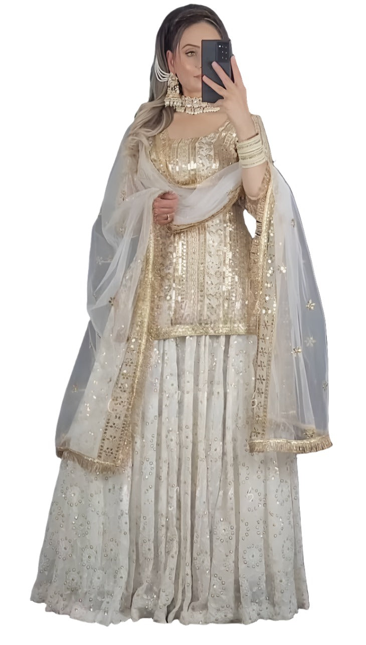 Designer White Embroidered Kurta With Lehenga &amp; Dupatta Set For Party Wear