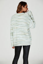 Relaxed Multi Knitted V Neck Jumper in Green und Cream