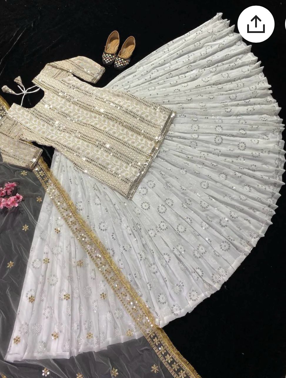 Designer White Embroidered Kurta With Lehenga &amp; Dupatta Set For Party Wear