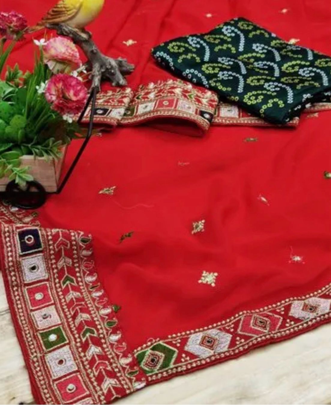 Georgette Saree Red Designer Fox With Mirror Work