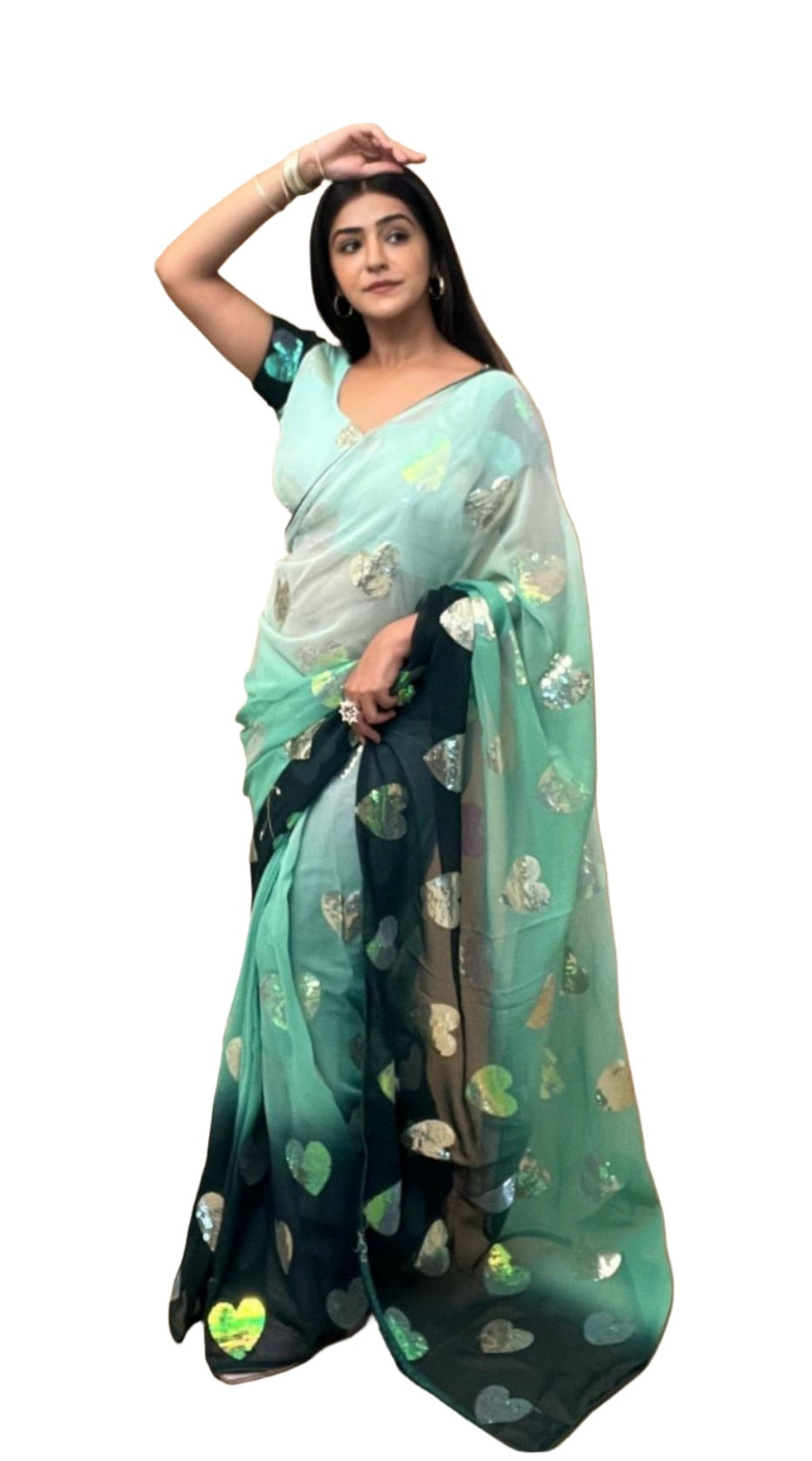 Women's Georgette Saree in Green with unstitched
