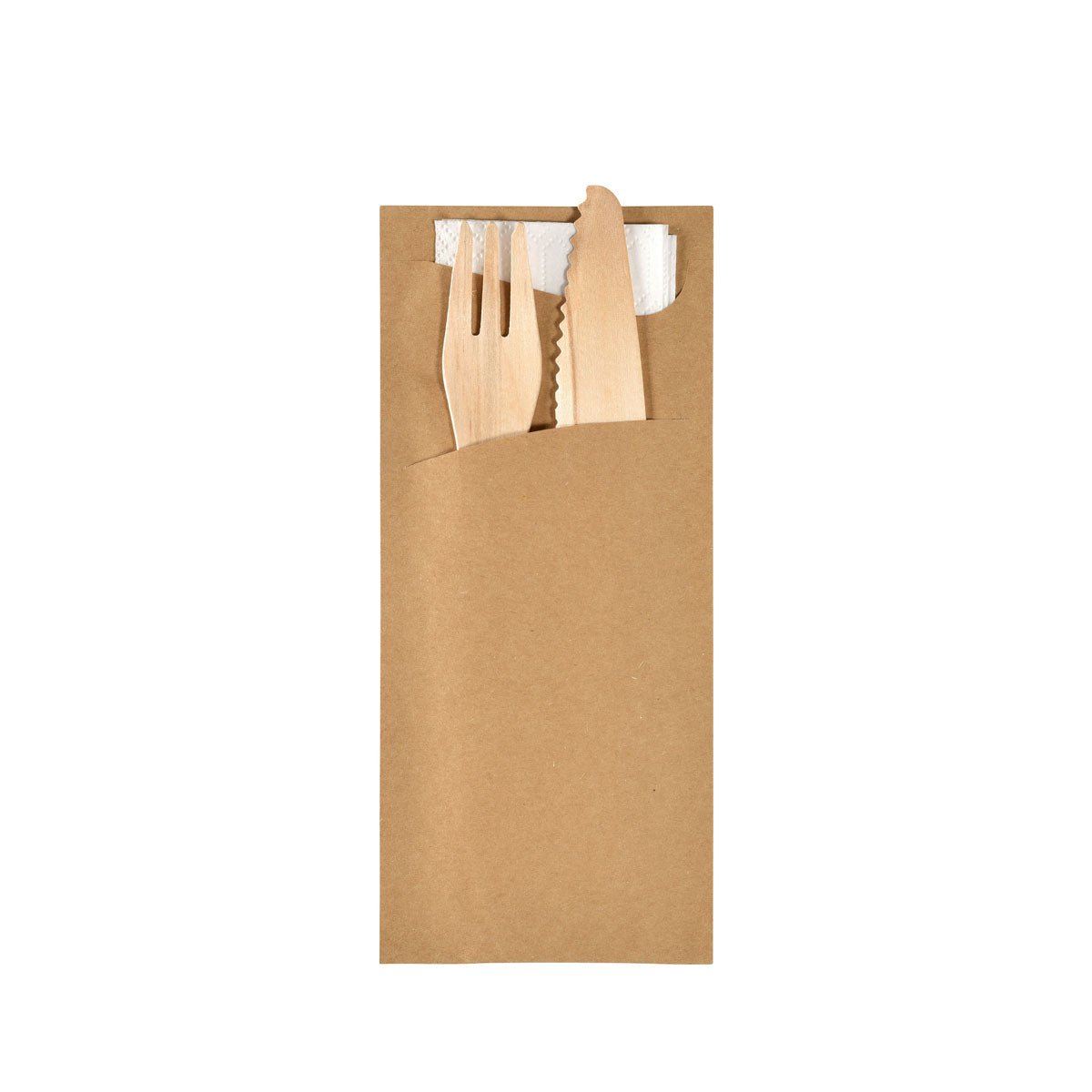 Sacchetto Zelltuch mit Holzbesteck 190 x 85 mm mit Besteck   EcoBrown/weiß | Packung (50 Stück)
