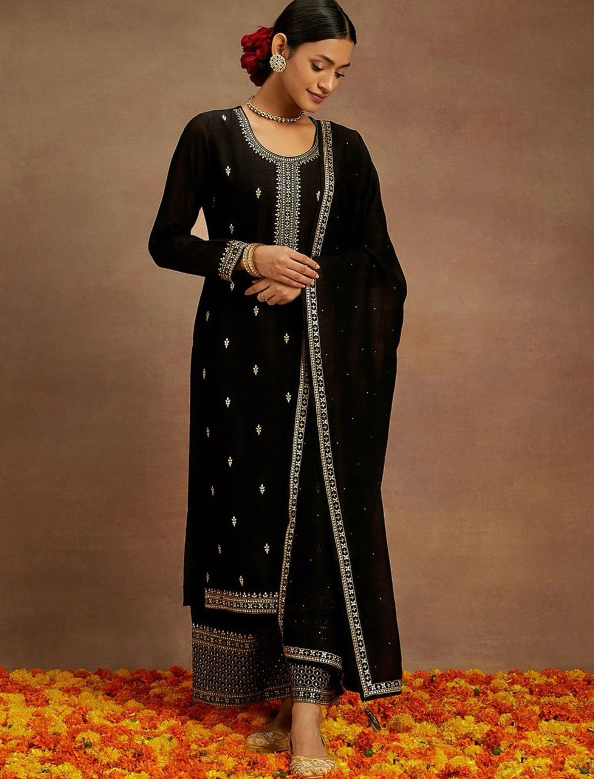 Kurta With Palazzos & Dupatta with Floral Embroidery