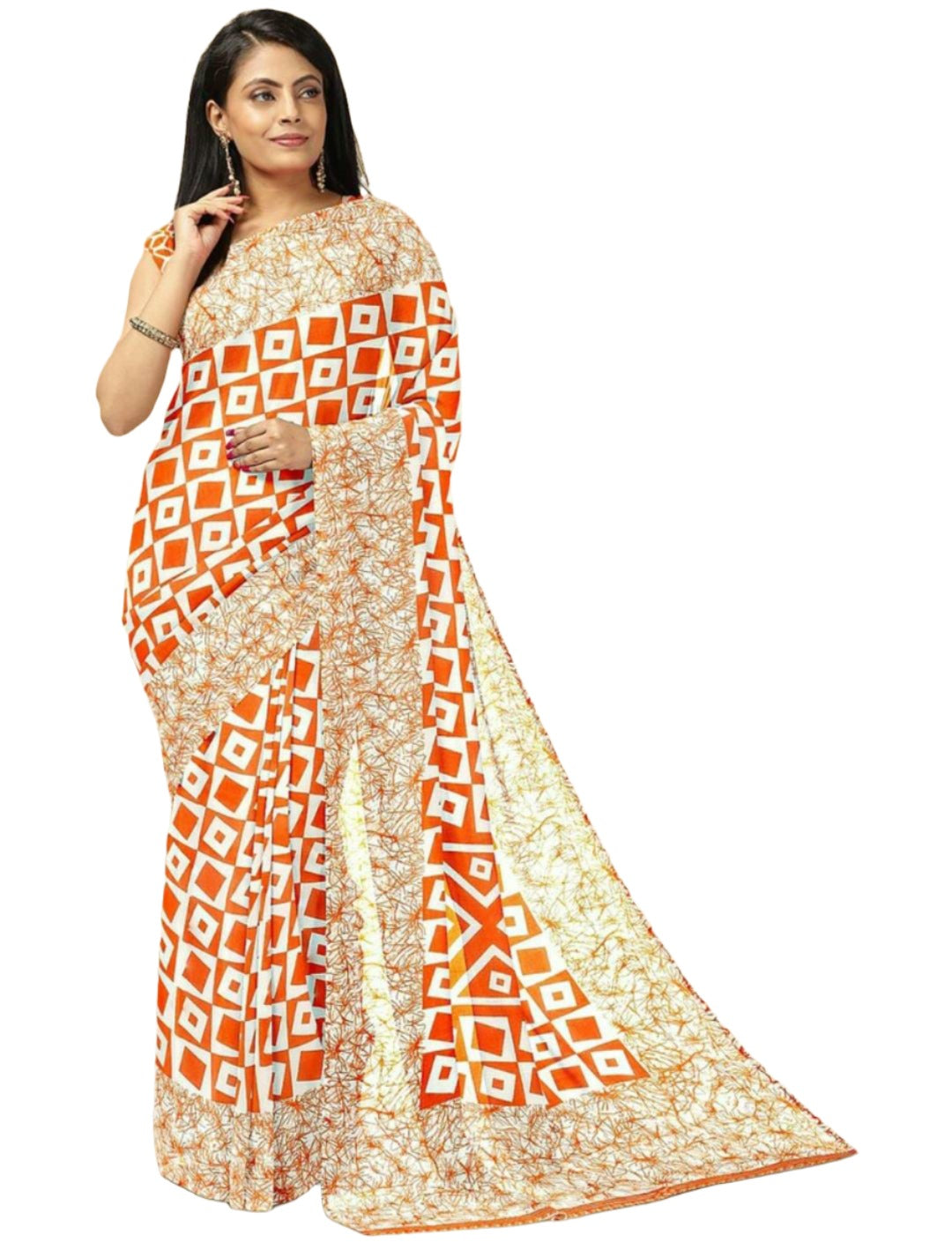 Orange & White Saree