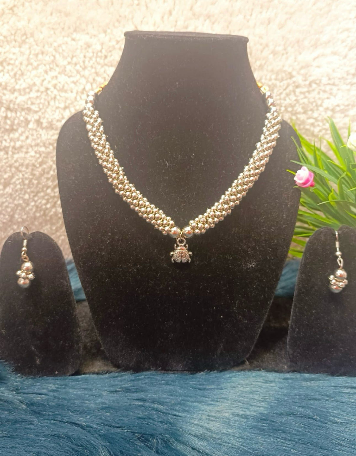 Silver-Plated Stone-Beaded Oxidized Necklace & Earrings Set
