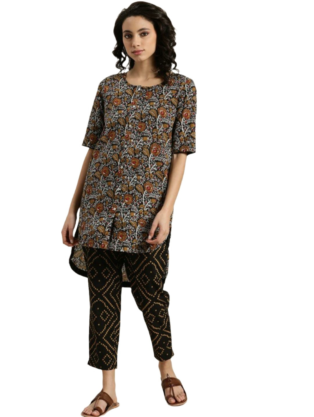 Women Black & Mustard Brown Pure Cotton Floral Print High-Low Kurta with Trousers