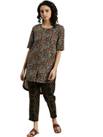 Women Black & Mustard Brown Pure Cotton Floral Print High-Low Kurta with Trousers