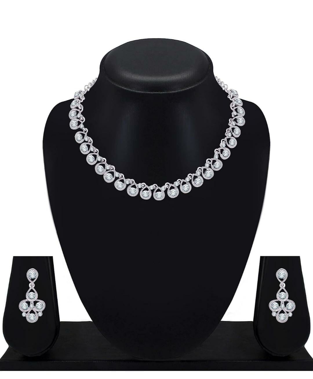 Women's Silver Plated American Diamond Necklace/Jewellery Set with Earrings