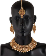 Jewelry Pearl Embedded Multi Layered Kundan Work Necklace Set with Maang Tiks for Women and Girls