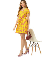 Women Mustard Yellow & Pink Floral Printed A-Line Dress