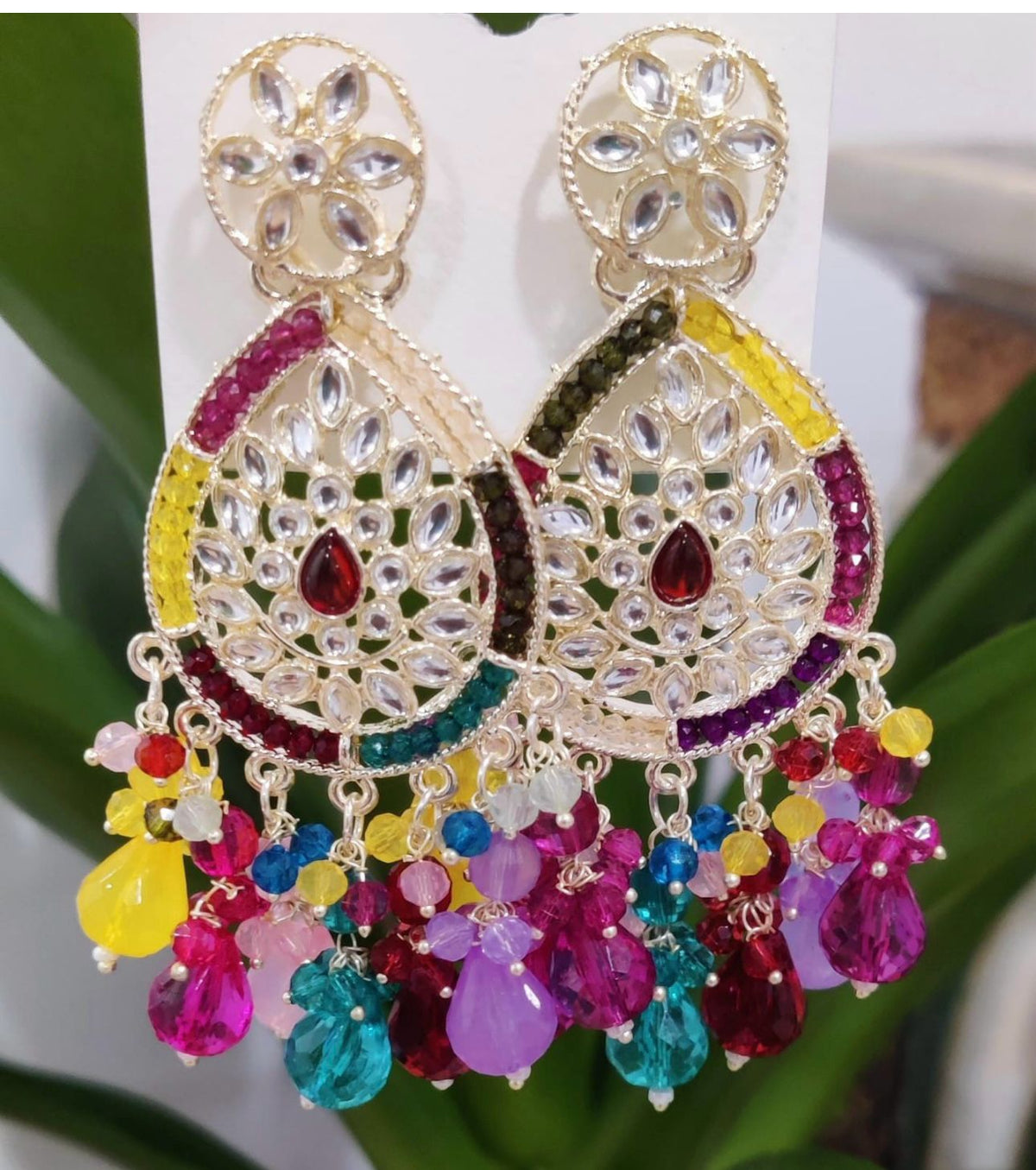 Gold-Plated Stone Studded & Beaded Contemporary Chandballi